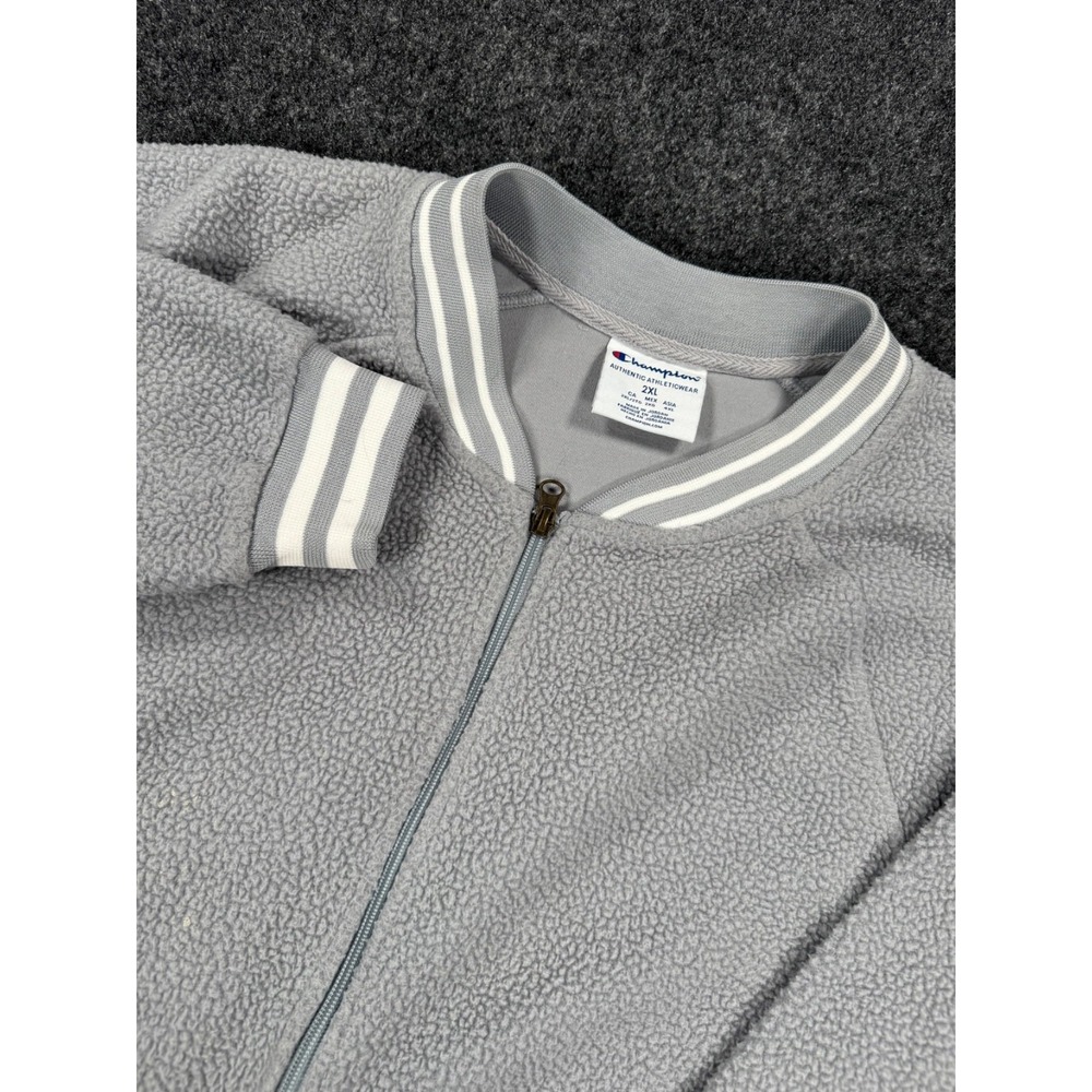 Champion Sherpa Fleece Bomber Jacket Gray Full Zip Adult 2XL Teddy Jacket